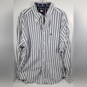 VINTAGE Tommy Hilfiger  Casual Button Up Shirt Men's Large White Blue Striped